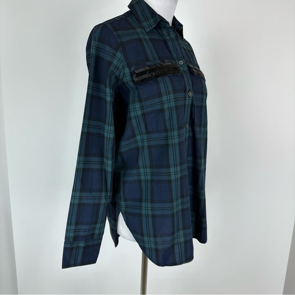 J. Crew Green Blue Plaid Popover Top with Beading Detail Size 0 - Picture 4 of 10